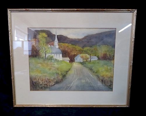 FRAMED WATERCOLOR "CHURCH SCENE" SGN. RM