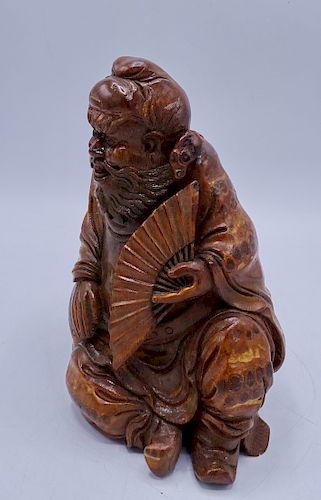 ASIAN CARVED WOOD SEATED FIGURE 