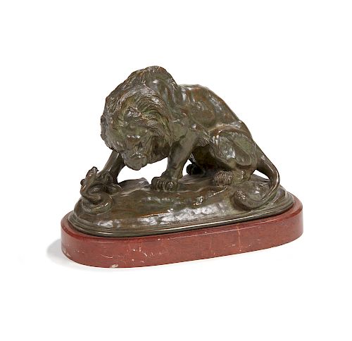  Bronze Figural Group of Lion Fighting a Snake, After Antoine Barye