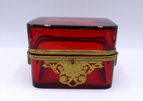 BRONZE MOUNTED RUBY BOX WITH HANDLE 
