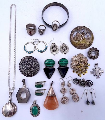 20 PIECES STERLING SILVER JEWELRY & 2 PERFUME BOTTLES