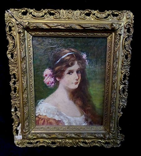 AMERICAN SCHOOL OIL ON CANVAS PORTRAIT OF A GIRL IN PINK