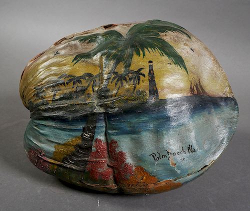 PALM BEACH 1930s Painting on Coconut