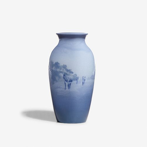 Amelia Sprague for Rookwood, experimental Aerial Blue vase with bucolic landscape and cows