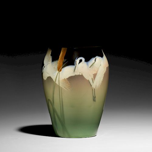 Kataro Shirayamadani for Rookwood, exceptional Dark Iris vase with herons and cattails