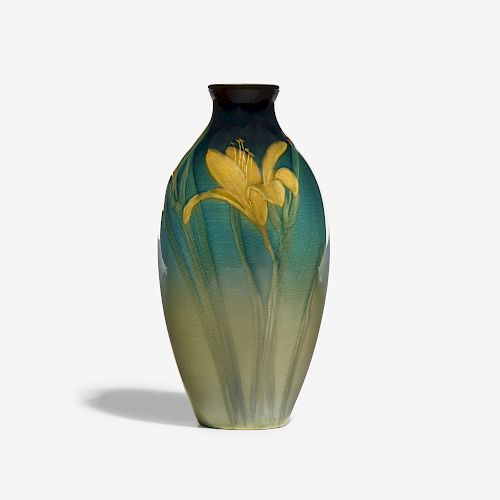 Sallie Coyne for Rookwood, Sea Green vase with Japanese lily
