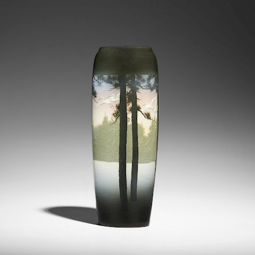 Kataro Shirayamadani for Rookwood, rare banded Iris Glaze vase with white cranes flying over snowy forest