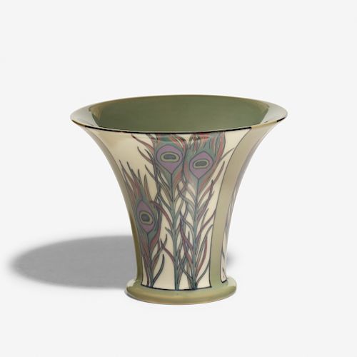 Sara Sax for Rookwood, Ivory Jewel Porcelain vase with peacock feathers