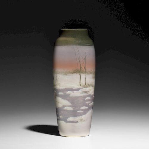 Kataro Shirayamadani for Rookwood, banded Iris Glaze vase with winter scene