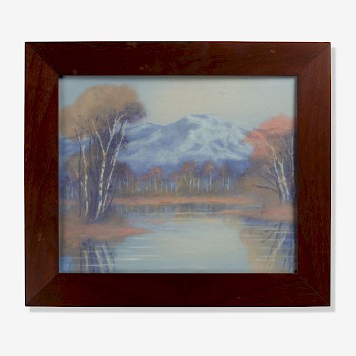 Edward T. Hurley for Rookwood, Vellum plaque (Mountain Over Lake)