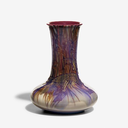 Kataro Shirayamadani for Rookwood, Flambe/Black Opal vase with crawfish in reeds