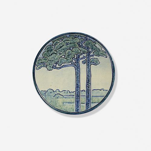 Newcomb College Pottery, early wall-hanging plate with tall pines