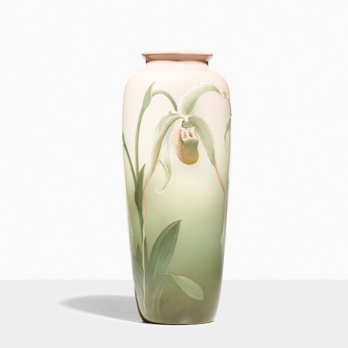 Carl Schmidt for Rookwood, Iris Glaze vase with slipper orchid