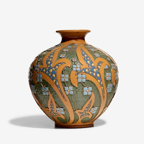 Frederick Hurten Rhead for Roseville Pottery, large Della Robbia vase with stylized flora