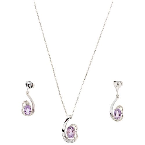 CHOKER, PENDANT AND EARRINGS SET WITH AMETHYSTS AND DIAMONDS. 14K WHITE GOLD