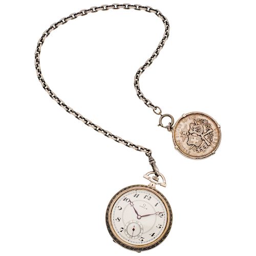 OMEGA POCKET WATCH WITH LEONTINE AND MEDAL. SILVER