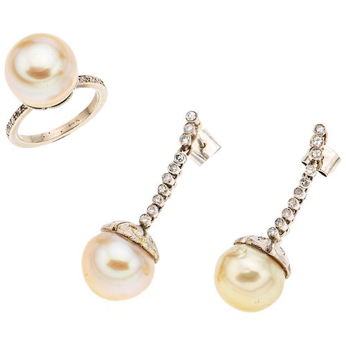 RING AND EARRINGS SET WITH CULTURED PEARLS AND DIAMONDS. PALADIUM SILVER AND 8K WHITE GOLD