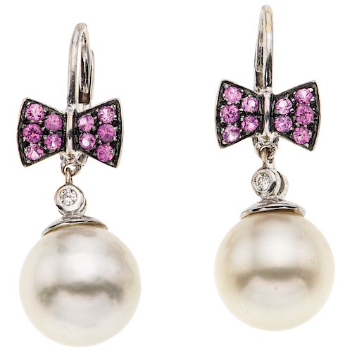 SAPPHIRES, DIAMONDS AND CULTURED PEARLS EARRINGS. 18K WHITE GOLD