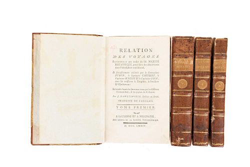 Hawkesworth, John. Rélation des Voyages Entrepris par Ordre de sa Majesté Britanique; pour Faire des Découvertes, 1774. Pieces: 4.