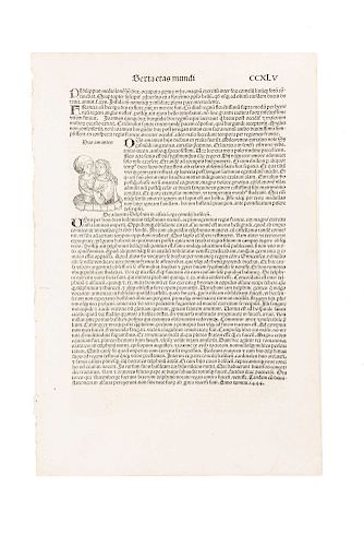 Schedel, Hartmann. Folio CCXVL. Sexta Etas Mundi (Hoja Incunable, en Latín). Nuremberg: Koberger Antón, 1493.