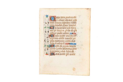 Anonymous. Hoja Iluminada ("Illuminated Page").Mid-15th Century.5.9 x 4.5"(15 x 11.5 cm).Medieval manuscript on parchment from a French Book of Hours.