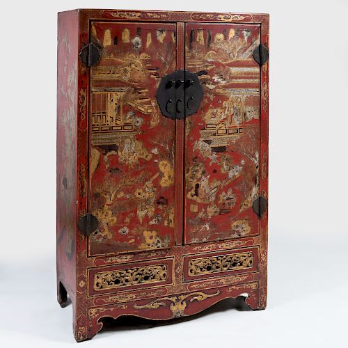 Chinese Metal-Mounted Red Lacquer and Parcel-Gilt Cabinet 