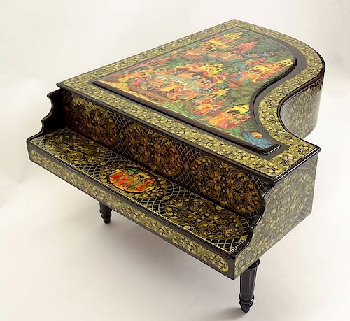 Large Russian Hand Painted Lacquer Grand Piano Form Box with Fitted Interior