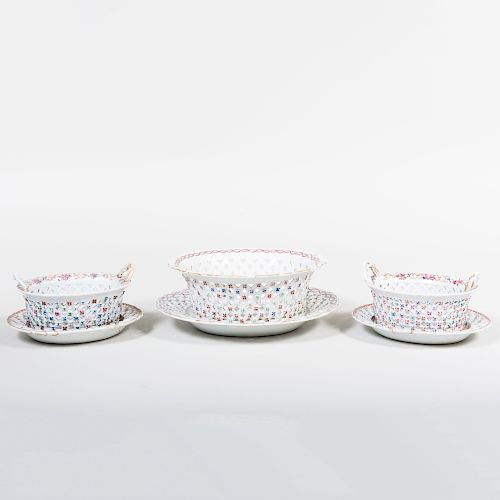 Pair of Chinese Export Porcelain Reticulated Oval Small Baskets on Stands and a Basket on Stand