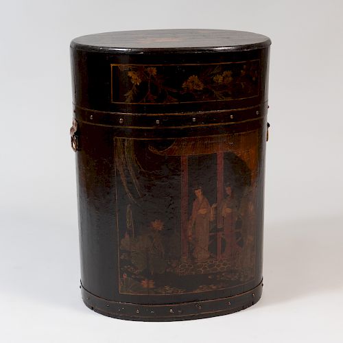 Chinese Export Metal-Mounted Painted Oval Grain Container