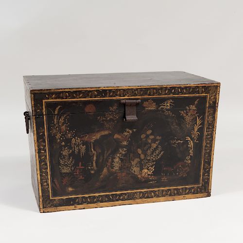 Chinese Export Metal-Mounted Black Lacquer and Parcel-Gilt Coffer