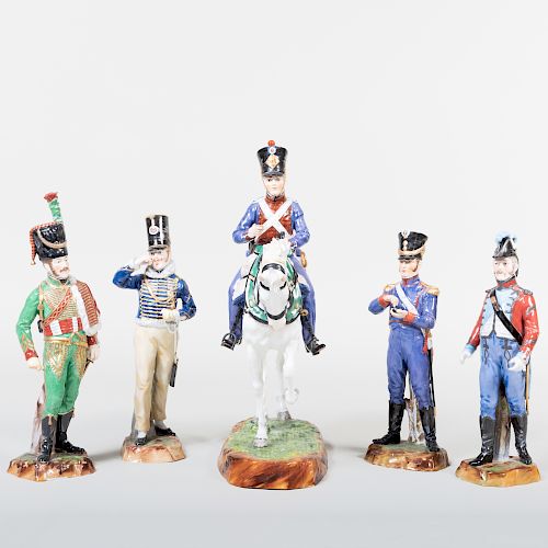Group of Four Capodimonte Porcelain Soldiers and a Rider on Horseback