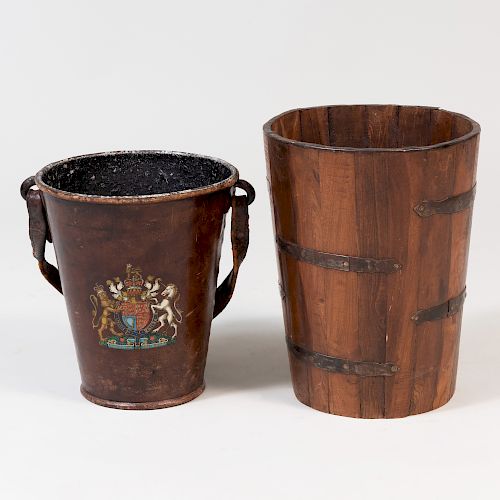 English Leather and Metal Fire Bucket and a Metal-Mounted Wood Peat Bucket