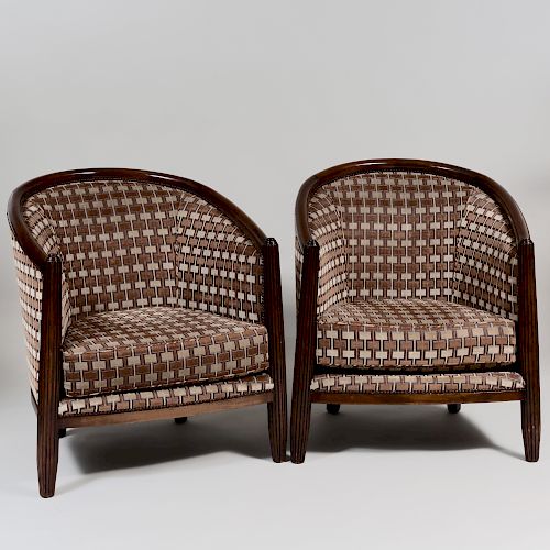 Pair of Art Deco Style Mahogany Tub Chairs, in the Manner of Leleu 