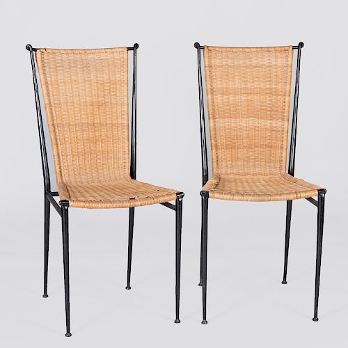 Pair of Contemporary Wrought-Iron and Wicker Side Chairs