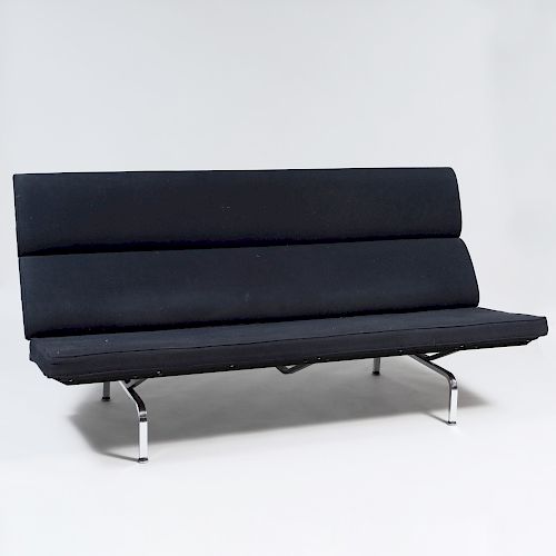 Eames Chrome, Black Painted Metal and Upholstered Compact Sofa