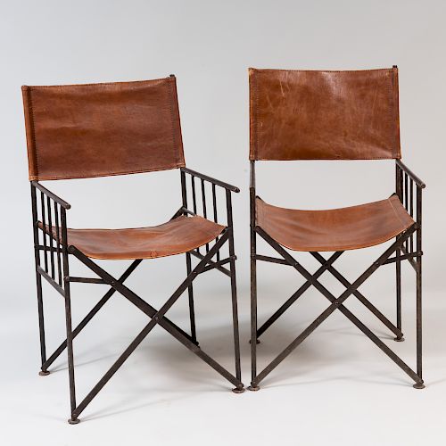 Pair of Continental Metal and Leather Campaign Armchairs