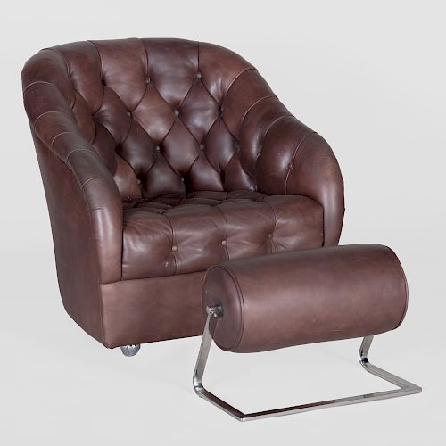 Contemporary Button-Tufted Leather Upholstered Swivel Armchair and a Footstool