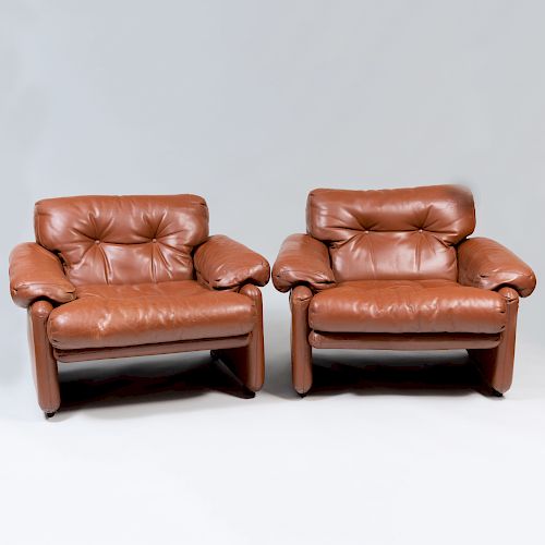 Pair of Tobia Scarpa 'Coronado' Brown Leather Chairs, for B & B Italia
