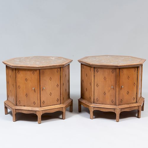 Pair of Octagonal Oak End Tables with Scagliola Marble Tops