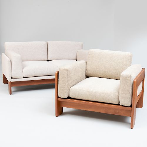  Knoll Teak Upholstered Settee and an  Armchair