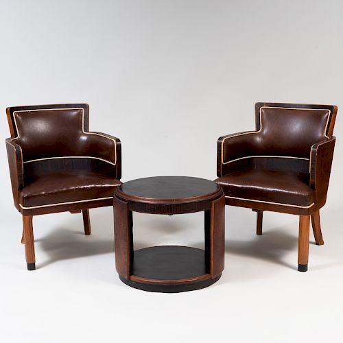 Pair of Art Deco Calamander and Burlwood Club Chairs with Matching Table