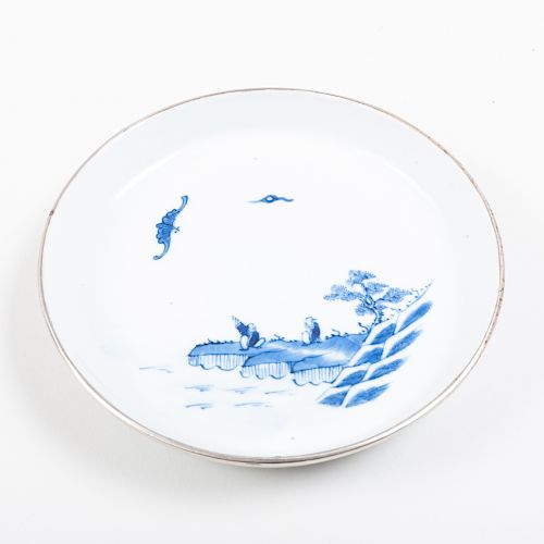 Small Chinese Porcelain Blue and White Dish Decorated with a Scholar and Bat