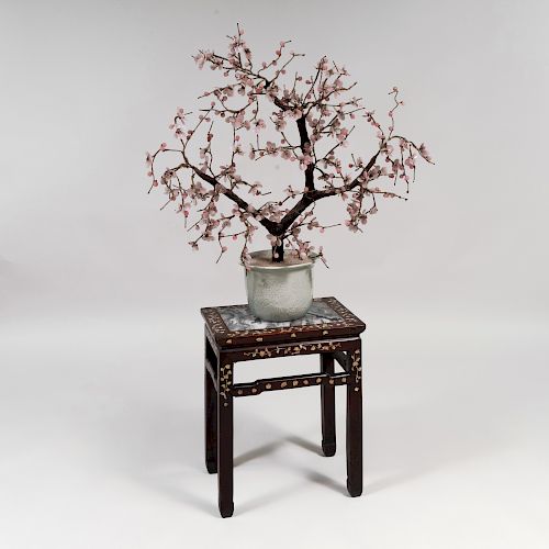 Chinese Hardstone Mounted Model of a Tree in a Celadon Porcelain Jardinère