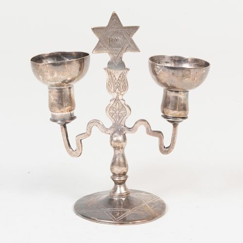 Silver Plate and Metal Two-Light Sabbath Candlestick
