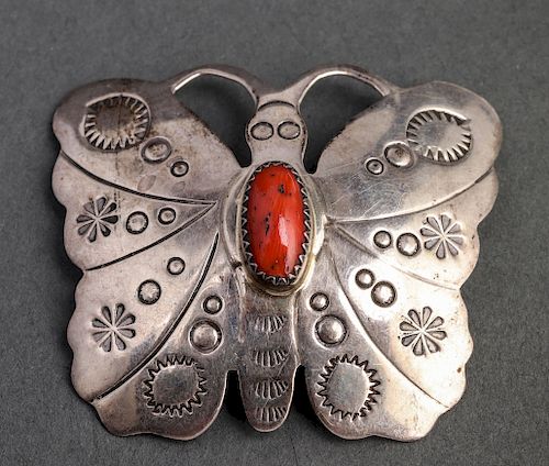 Navajo Silver & Coral Butterfly Motif Pin/Pendant