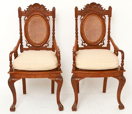 Victorian Eastlake Carved Oak Wood Arm Chairs Pair
