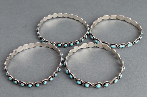 Navajo Silver & Turquoise Bangle Bracelets, 4 Pcs