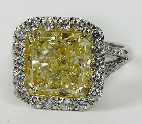 EGL Certified 5.01 Carat Square Brilliant Cut Fancy Yellow-Fancy Intense Yellow Diamond and Diamond Ring