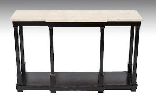 Modern Travertine & Ebonized Wood Console Table