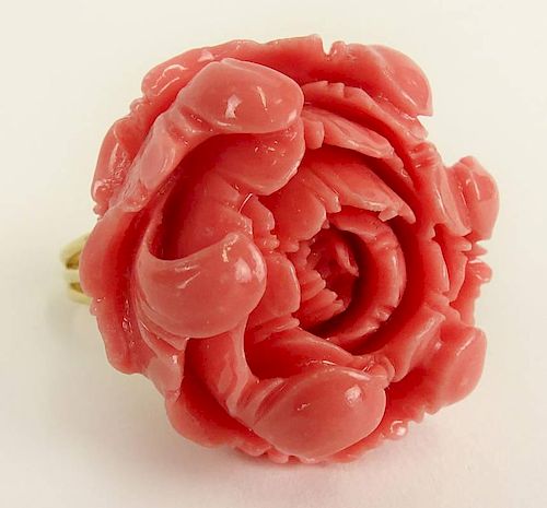 Lady's Carved Coral and 18 Karat Yellow Gold Ring